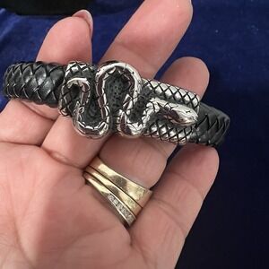 Stainless Steel Snake ID Plate Leather Bracelets for Men Bangle Type Bracelets M